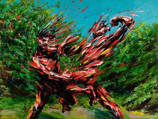 画的作品像钢铁侠,用刀和颜料刮出来的人物,另类的人体绘画