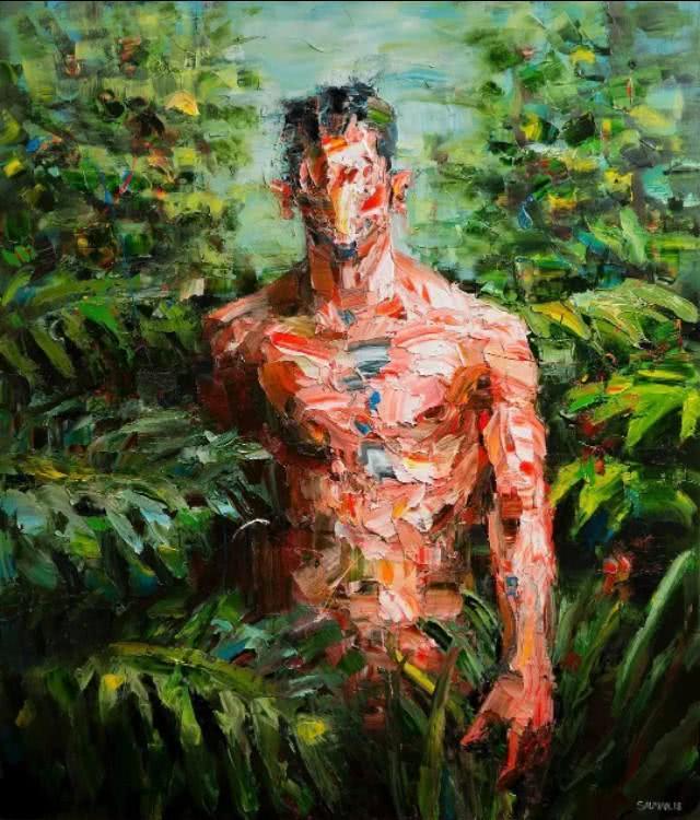 画的作品像钢铁侠,用刀和颜料刮出来的人物,另类的人体绘画