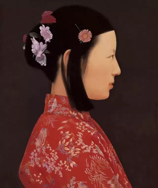 喜庆的中国红,王沂东红衣女子油画,美!