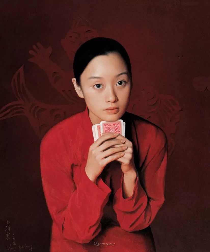 喜庆的中国红,王沂东红衣女子油画,美!