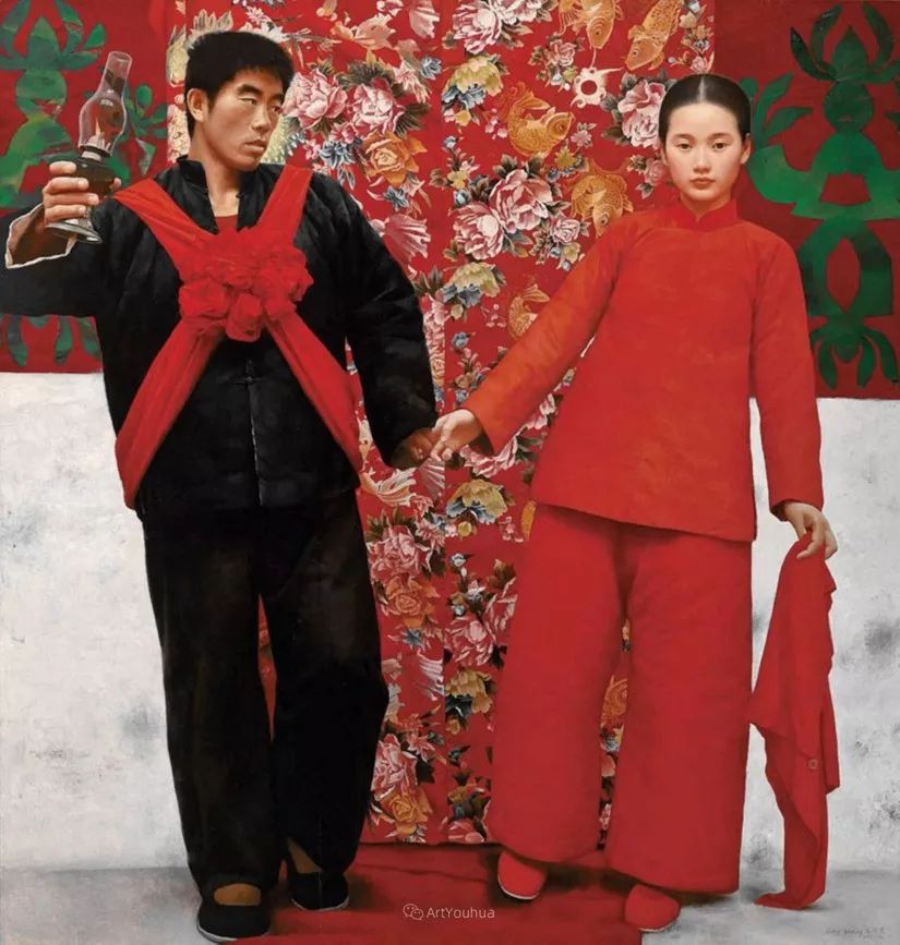 喜庆的中国红,王沂东红衣女子油画,美!