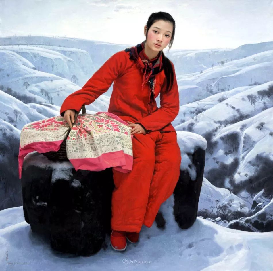 喜庆的中国红,王沂东红衣女子油画,美!