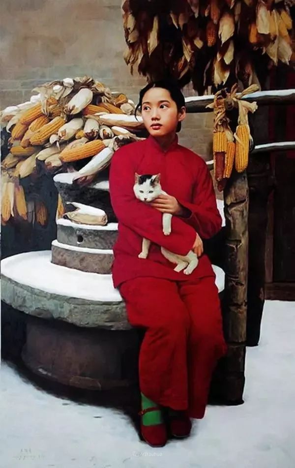 喜庆的中国红,王沂东红衣女子油画,美!
