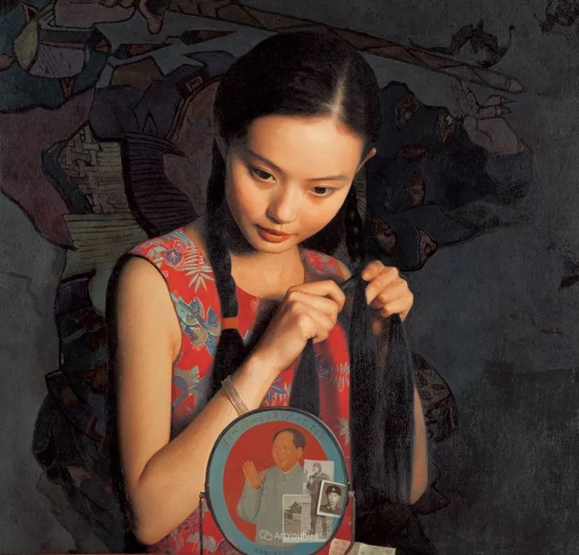 喜庆的中国红,王沂东红衣女子油画,美!