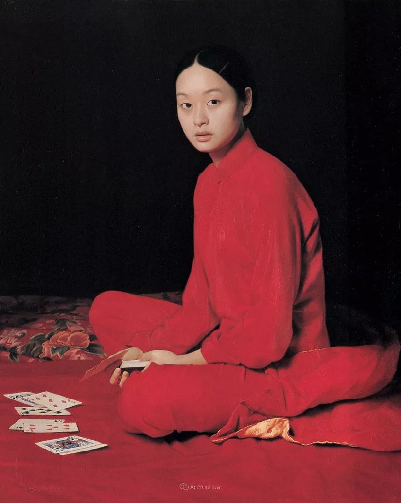喜庆的中国红,王沂东红衣女子油画,美!