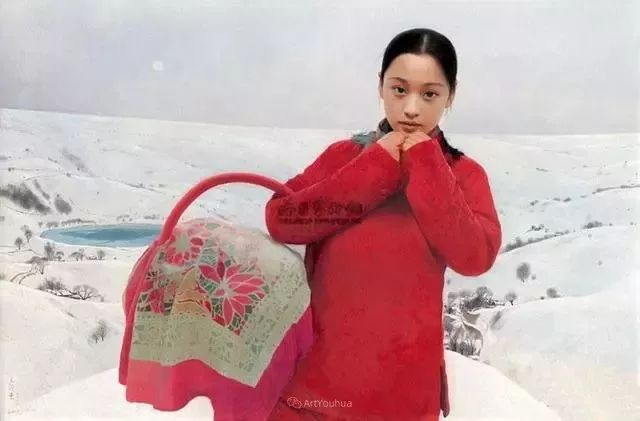 喜庆的中国红,王沂东红衣女子油画,美!