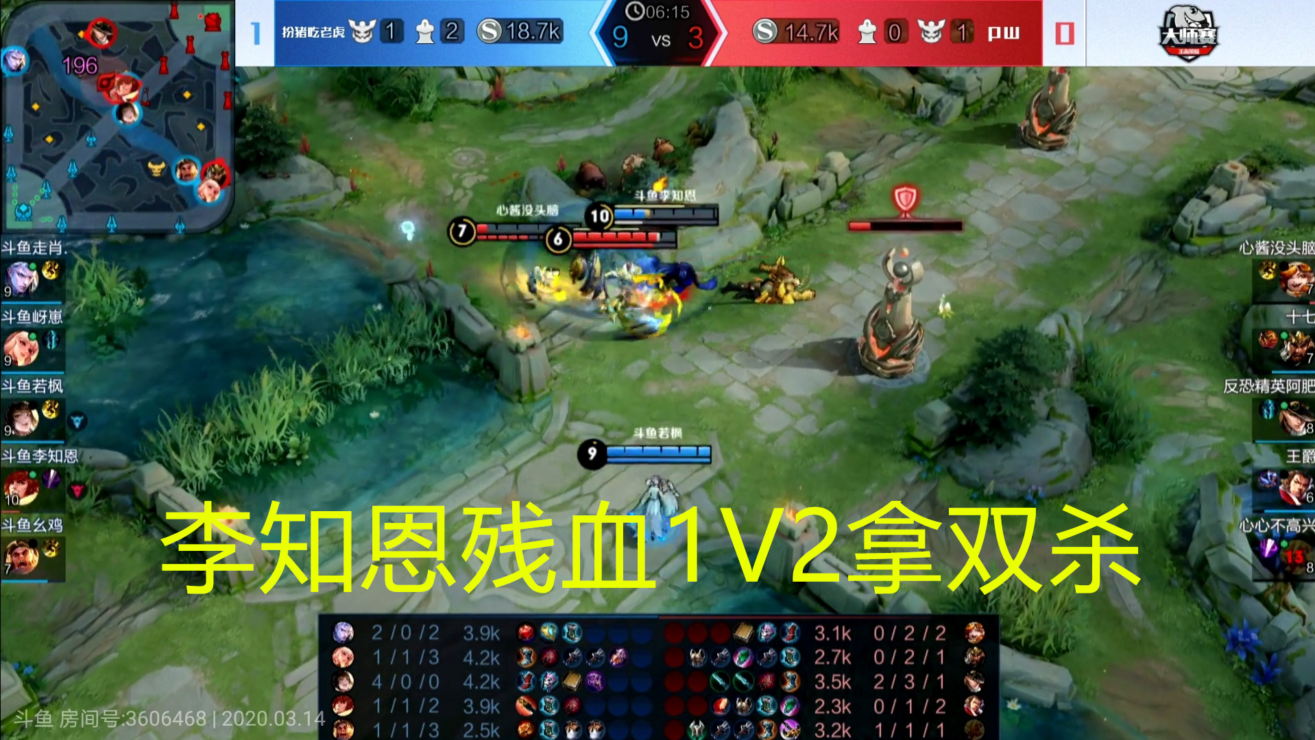 斗鱼王者荣耀大师赛:李知恩1V2强如外挂,苏烈击飞4人带队友获胜