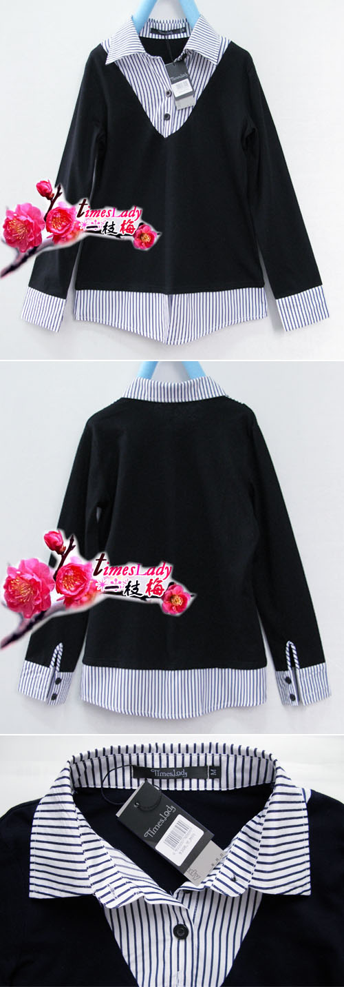 【派派团购第三期】韩国米娜2011春装新款人气OL风条纹长袖假两件套衬衣