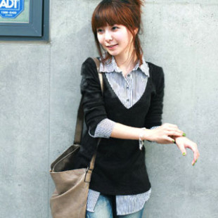 【派派团购第三期】韩国米娜2011春装新款人气OL风条纹长袖假两件套衬衣