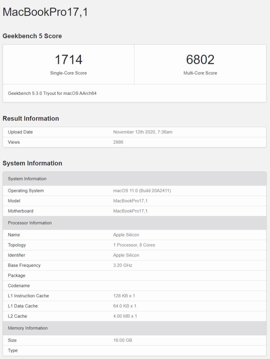 苹果 M1 芯片 MacBook Pro 跑分出炉:单核 1714,多核 6802