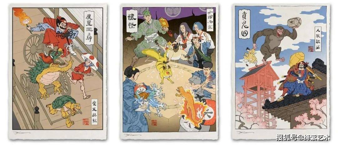 用浮世绘的画风,爆改卡通片英雄角色,帅气中透着搞笑