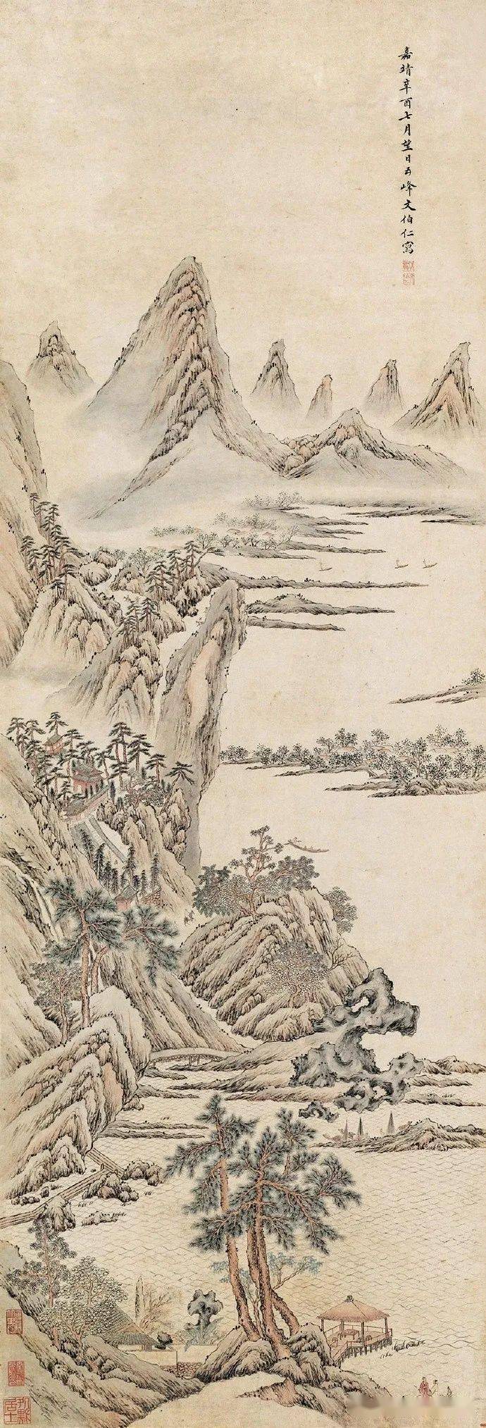 中国国画历代精品高清展:(1429)明 文伯仁青绿山水《幽涧赏琴图》