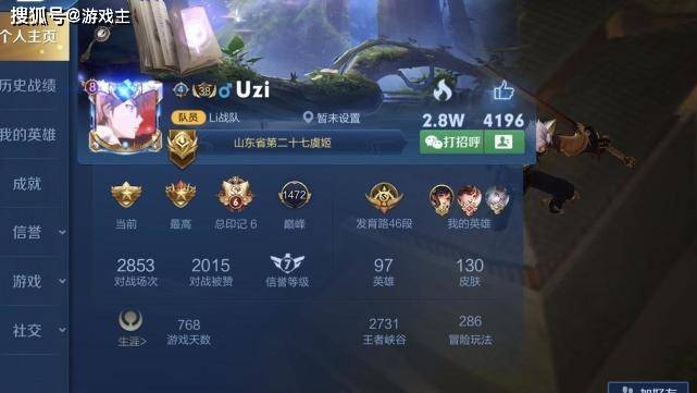 王者巅峰赛开启,UZI冲上巅峰赛榜单第7,射手胜率夸张,打开主页愣了