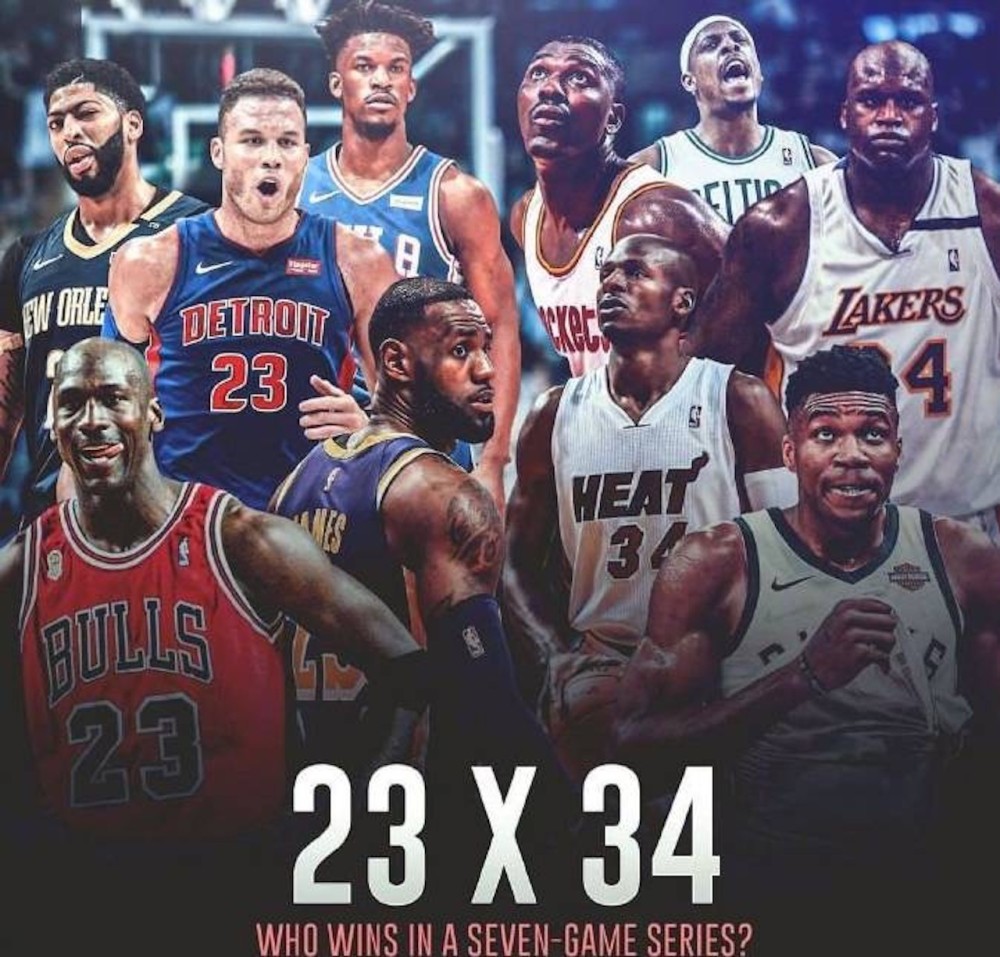 乔丹VS奥尼尔!美媒晒图发问,23号34号硬碰硬谁能赢七场?