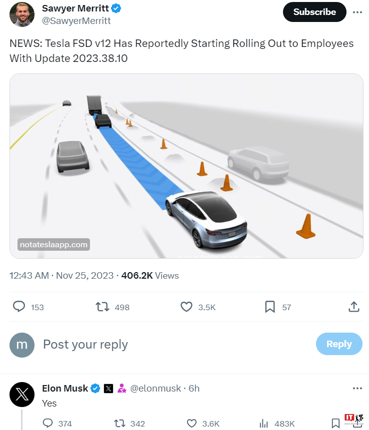 【转】特斯拉开始向员工提供 FSD V12 自动驾驶
