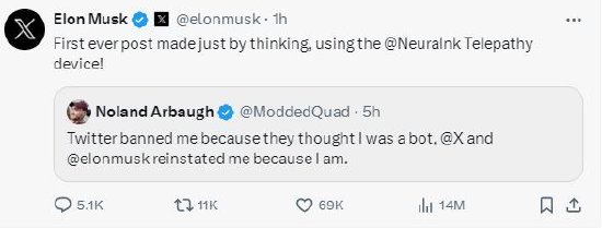 【萌猫】【转】脑机接口首位受试者用意念在X上发帖,马斯克回应