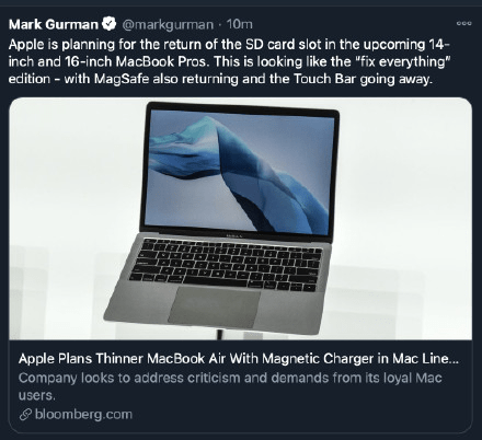 不止MagSafe接口:曝苹果全新MacBook Pro SD卡槽回归